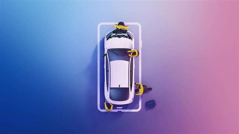 Renault Werkstatt Auto aus der Vogelperspektive mit 4 Mechanikern